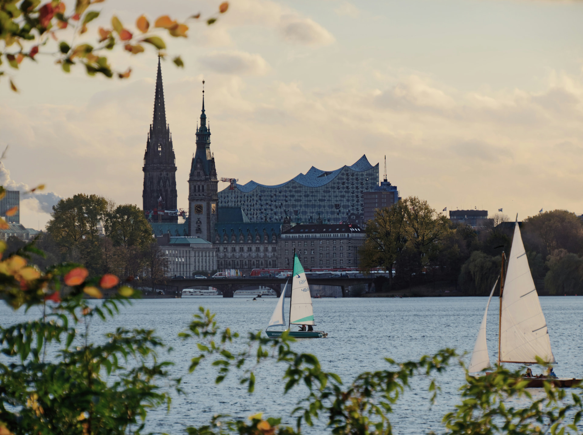 Blick über die Hamburger Außenalster auf Rathaus und Elbphilharmonie